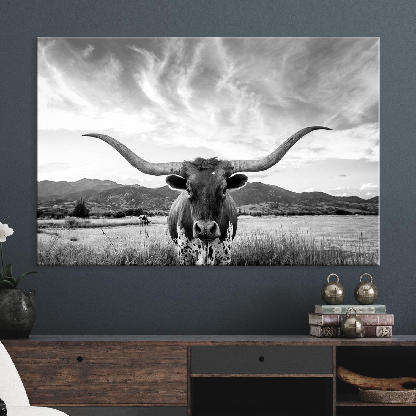 Longhorn Cow Wall Art Canvas Print Farmhouse Wall Art - Texas Longhorn Wall Art Print