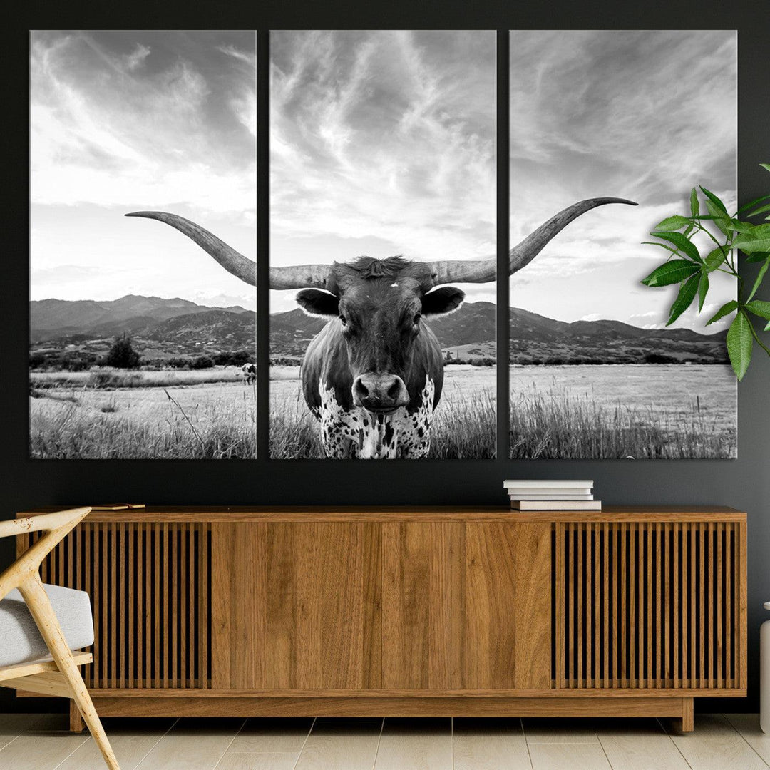 Longhorn Cow Wall Art Canvas Print Farmhouse Wall Art - Texas Longhorn Wall Art Print
