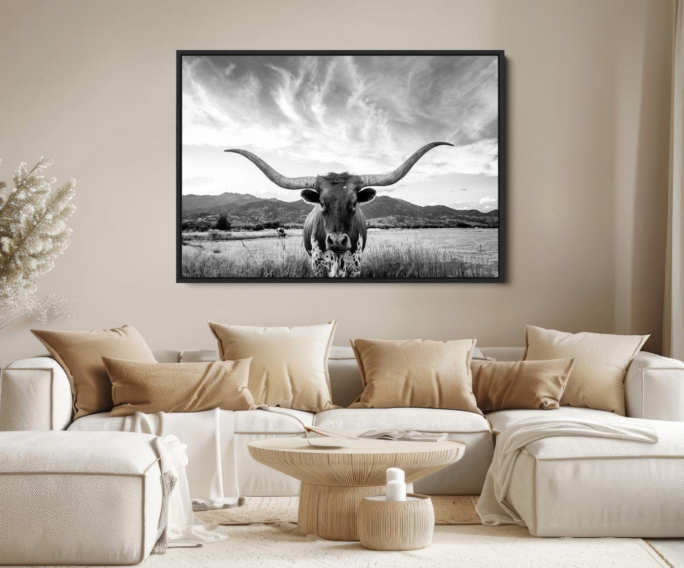 79527-MGV-FC-36X24_Black-Longhorn Cow Wall Art Canvas Print Farmhouse Wall Art - Texas Longhorn Wall Art Print