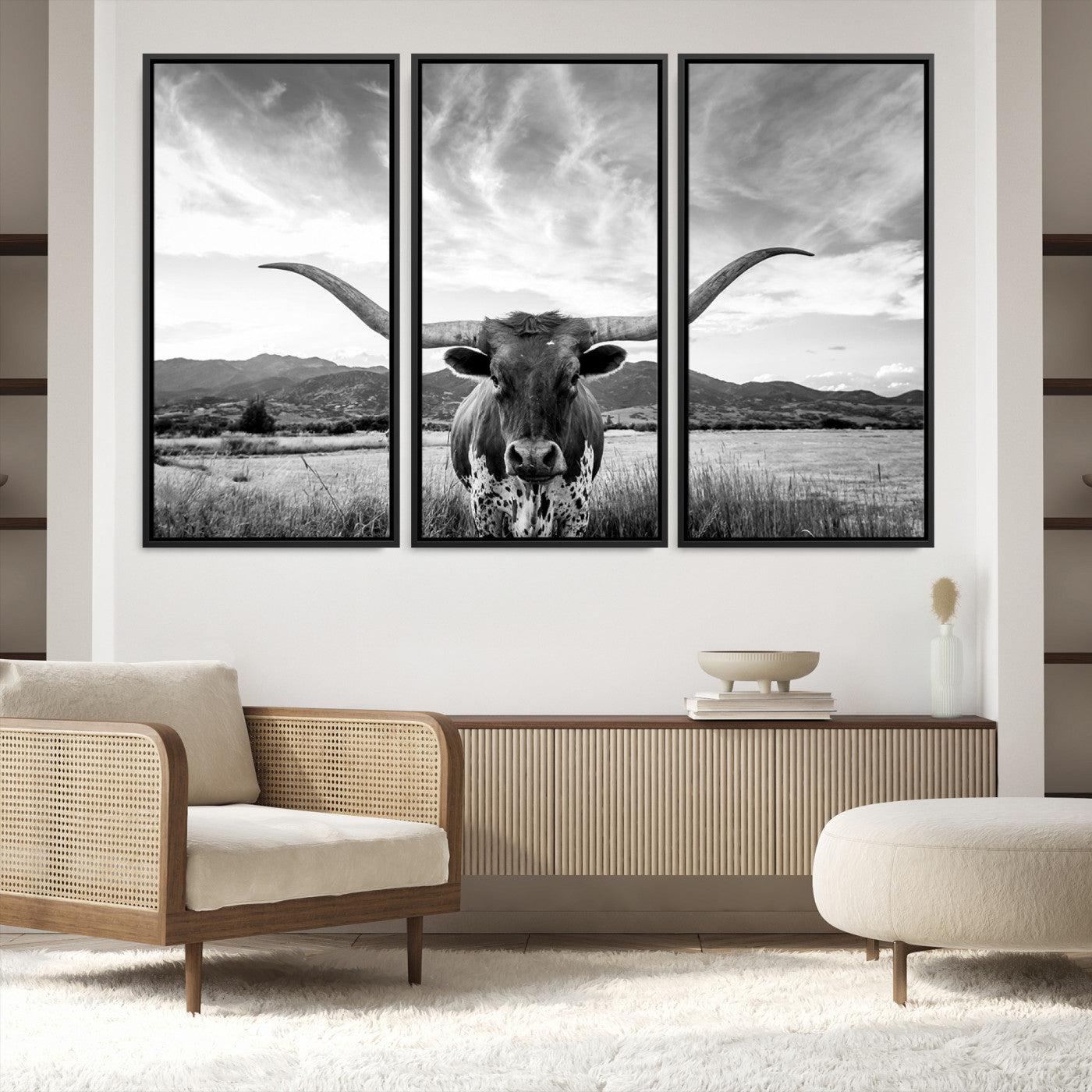 79527-MGV-FC-60X40-3P_Black-Longhorn Cow Wall Art Canvas Print Farmhouse Wall Art - Texas Longhorn Wall Art Print