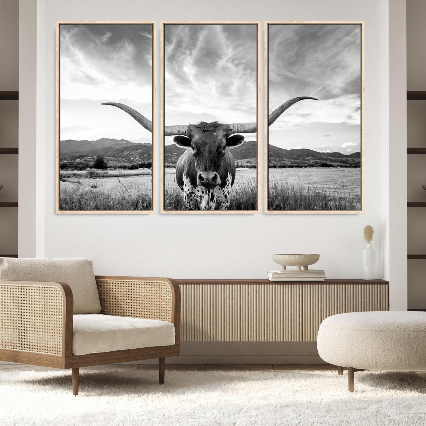 79527-MGV-FC-60X40-3P_Natural-Longhorn Cow Wall Art Canvas Print Farmhouse Wall Art - Texas Longhorn Wall Art Print