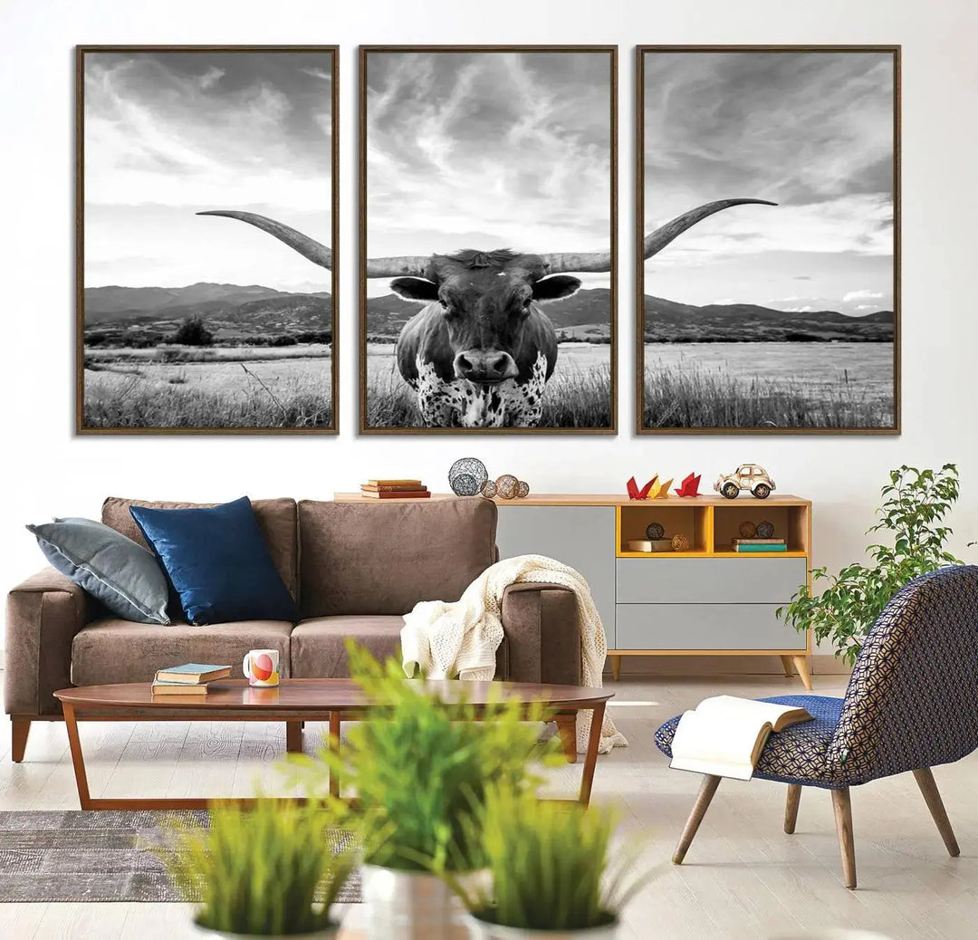 A modern living room showcases a black and white triptych of the "Longhorn Cow Wall Art Canvas Print Farmhouse Wall Art Texas longhorn wall art.