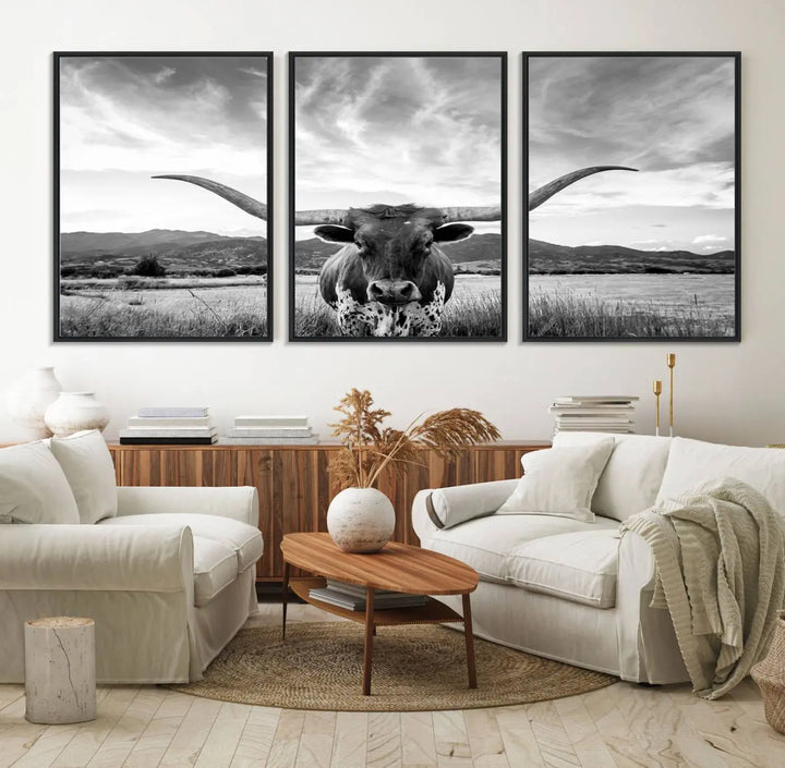 A modern living room showcases a black and white triptych of the "Longhorn Cow Wall Art Canvas Print Farmhouse Wall Art Texas longhorn wall art.