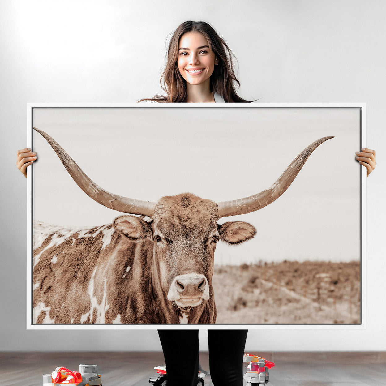 39964150-MGV-CV-36X24-Longhorn Cow Wall Art Canvas Print – Framed Texas Ranch Scene with Western Bull Artwork for Home, Office, Living Room