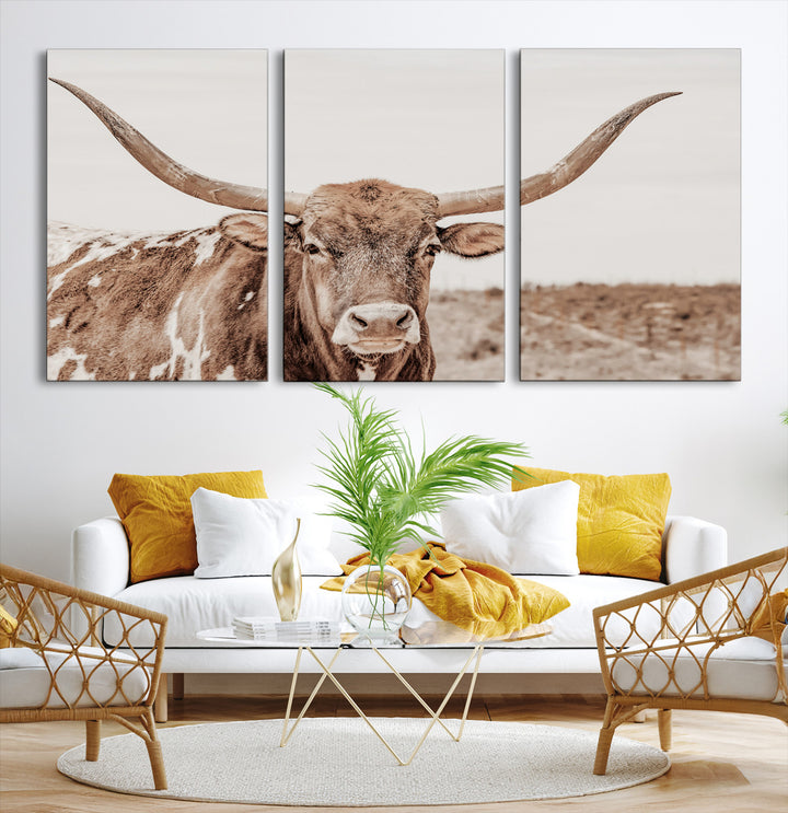 39964150-MGV-CV-36X24-Longhorn Cow Wall Art Canvas Print, Texas Ranch Print, Framed Western Bull Art Print, Large BigHorn Cowboy Printing Perfect for County Decor