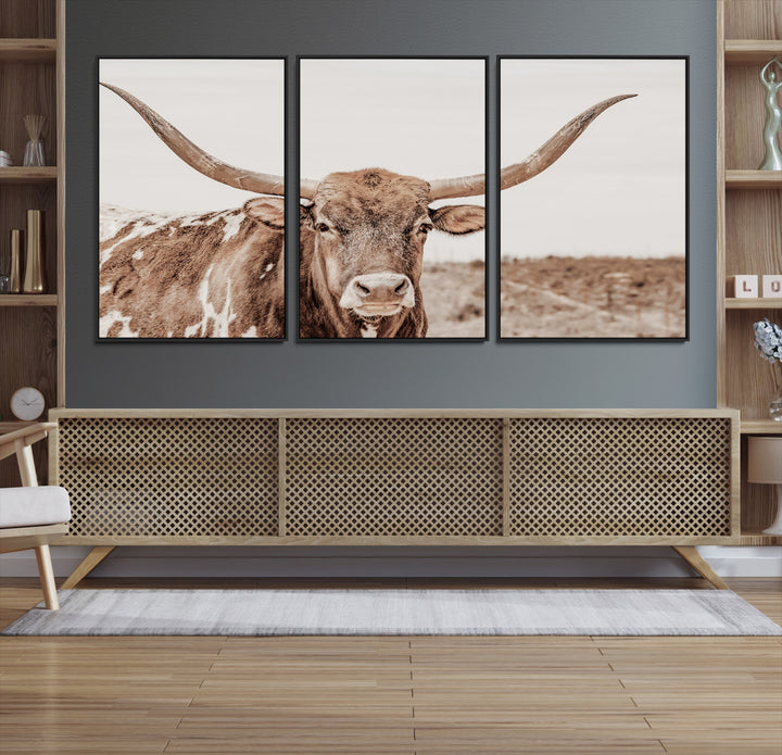 39964150-MGV-CV-36X24-Longhorn Cow Wall Art Canvas Print, Texas Ranch Print, Framed Western Bull Art Print, Large BigHorn Cowboy Printing Perfect for County Decor