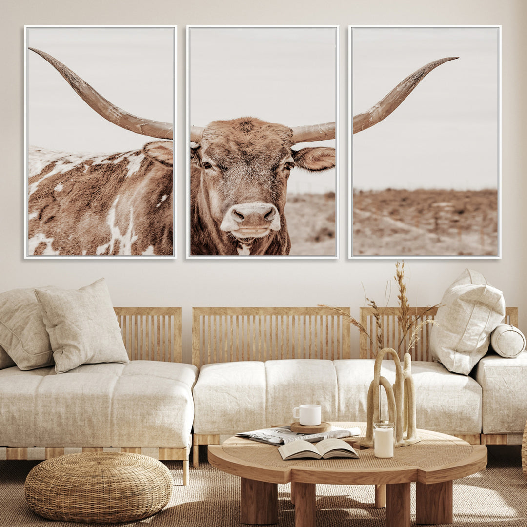 39964150-MGV-CV-36X24-Longhorn Cow Wall Art Canvas Print, Texas Ranch Print, Framed Western Bull Art Print, Large BigHorn Cowboy Printing Perfect for County Decor