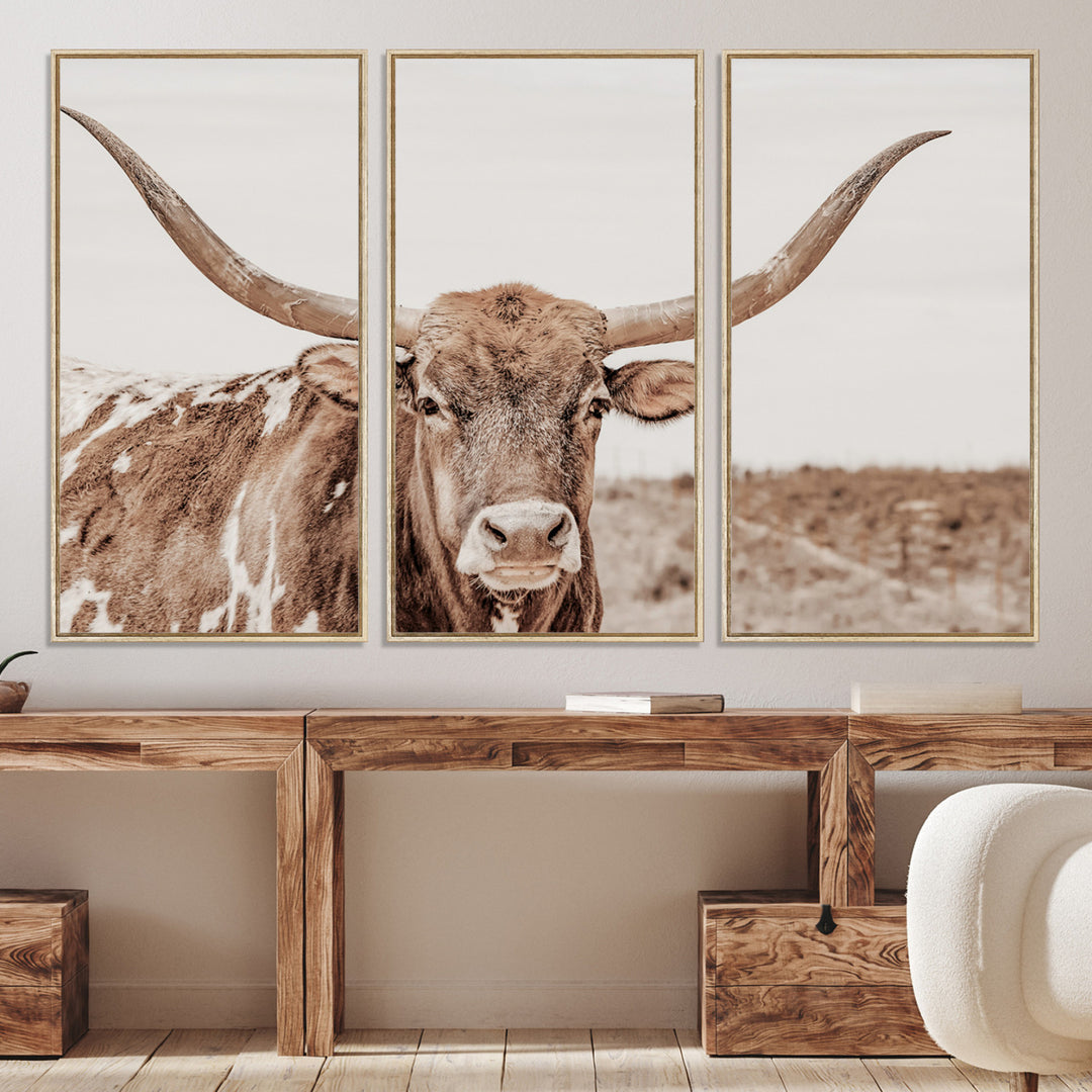 39964150-MGV-CV-36X24-Longhorn Cow Wall Art Canvas Print, Texas Ranch Print, Framed Western Bull Art Print, Large BigHorn Cowboy Printing Perfect for County Decor