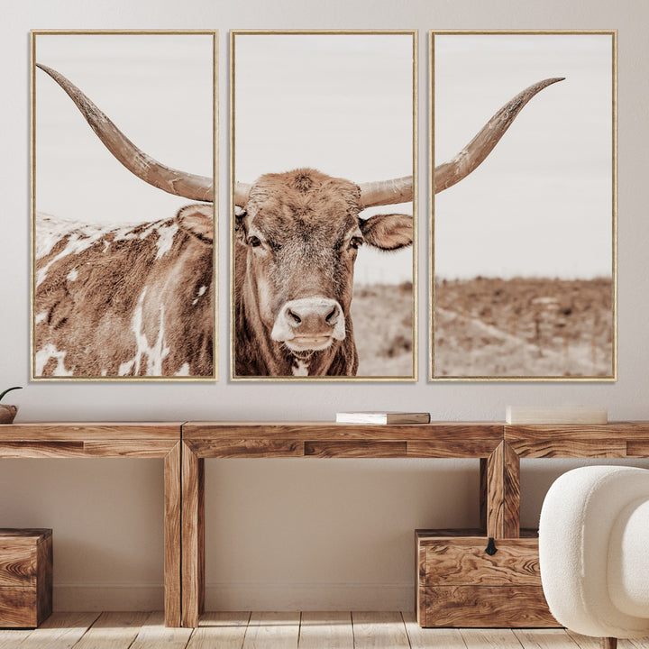 39964150-MGV-CV-36X24-Longhorn Cow Wall Art Canvas Print, Texas Ranch Print, Framed Western Bull Art Print, Large BigHorn Cowboy Printing Perfect for County Decor