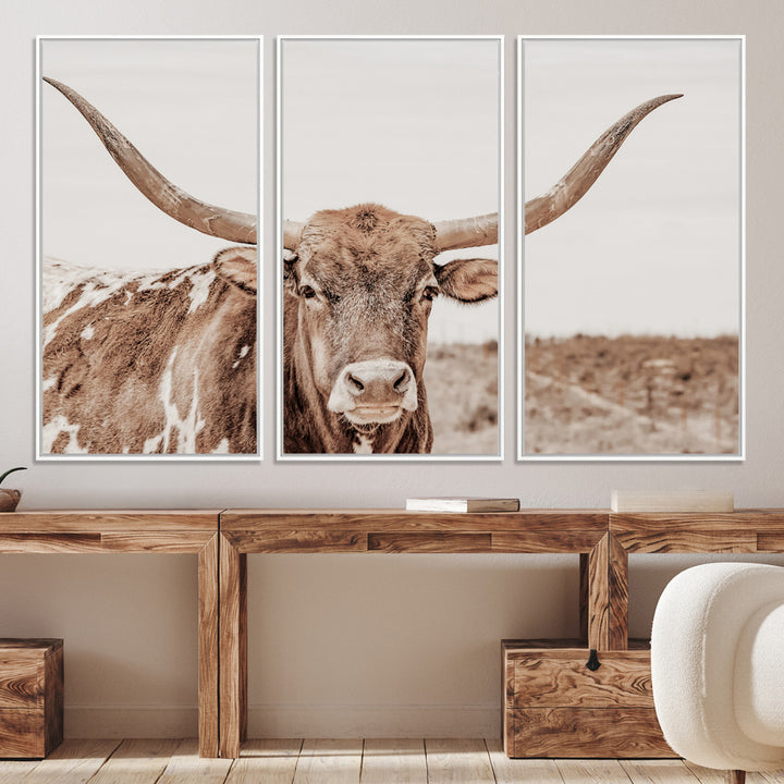 39964150-MGV-CV-36X24-Longhorn Cow Wall Art Canvas Print, Texas Ranch Print, Framed Western Bull Art Print, Large BigHorn Cowboy Printing Perfect for County Decor