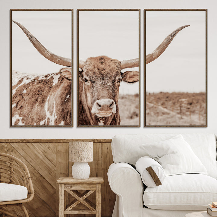 39964150-MGV-CV-36X24-Longhorn Cow Wall Art Canvas Print, Texas Ranch Print, Framed Western Bull Art Print, Large BigHorn Cowboy Printing Perfect for County Decor
