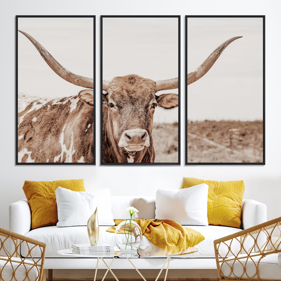 39964150-MGV-CV-36X24-Longhorn Cow Wall Art Canvas Print, Texas Ranch Print, Framed Western Bull Art Print, Large BigHorn Cowboy Printing Perfect for County Decor