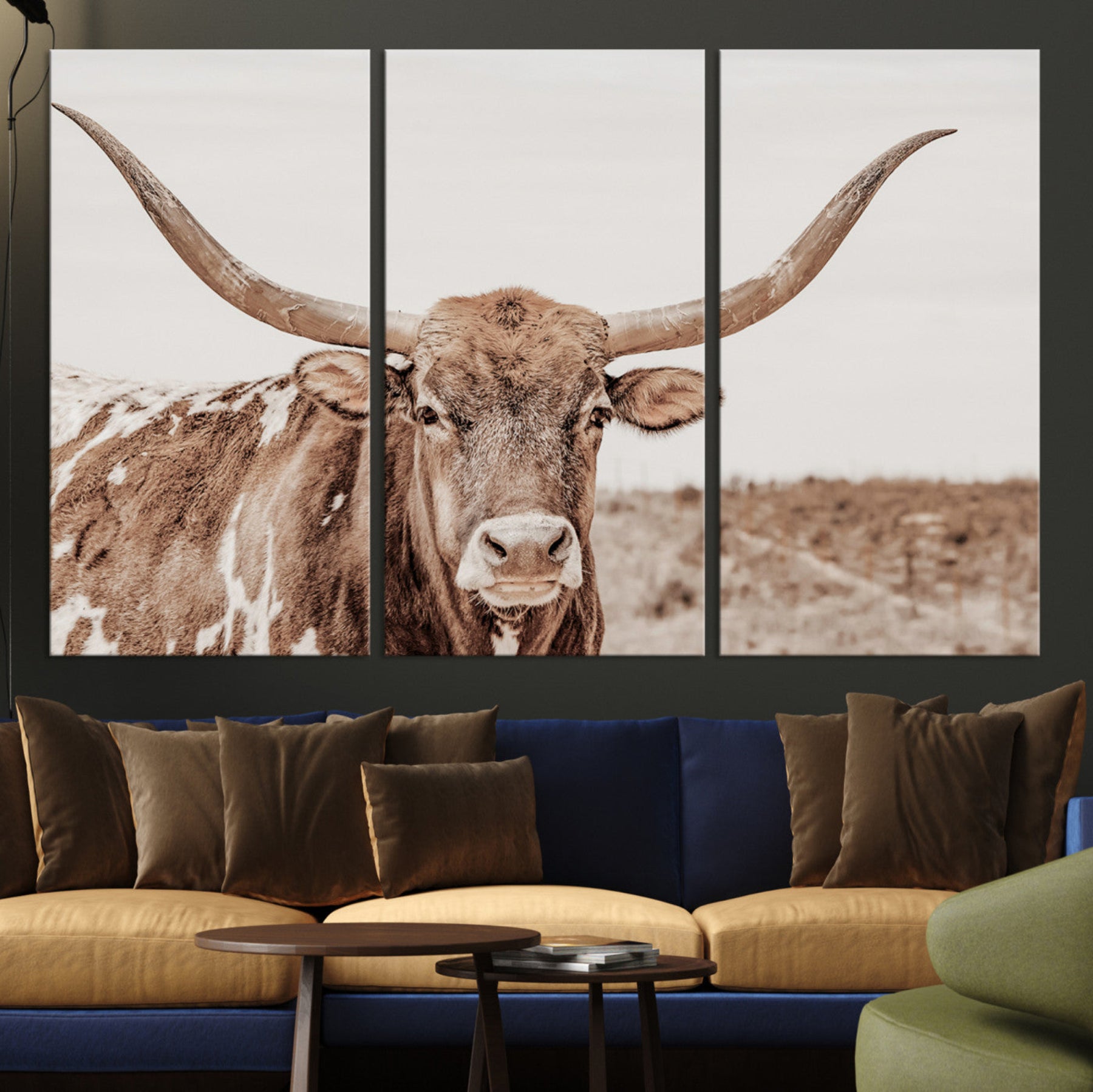 39964150-MGV-CV-36X24-Longhorn Cow Wall Art Canvas Print – Framed Texas Ranch Scene with Western Bull Artwork for Home, Office, Living Room