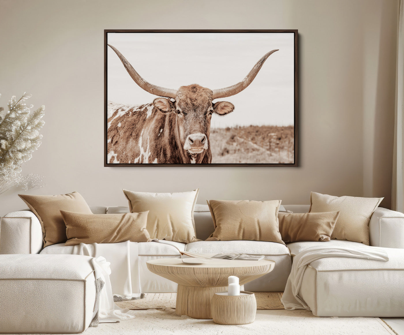 39964150-MGV-FC-36X24_Walnut-Longhorn Cow Wall Art Canvas Print – Framed Texas Ranch Scene with Western Bull Artwork for Home, Office, Living Room