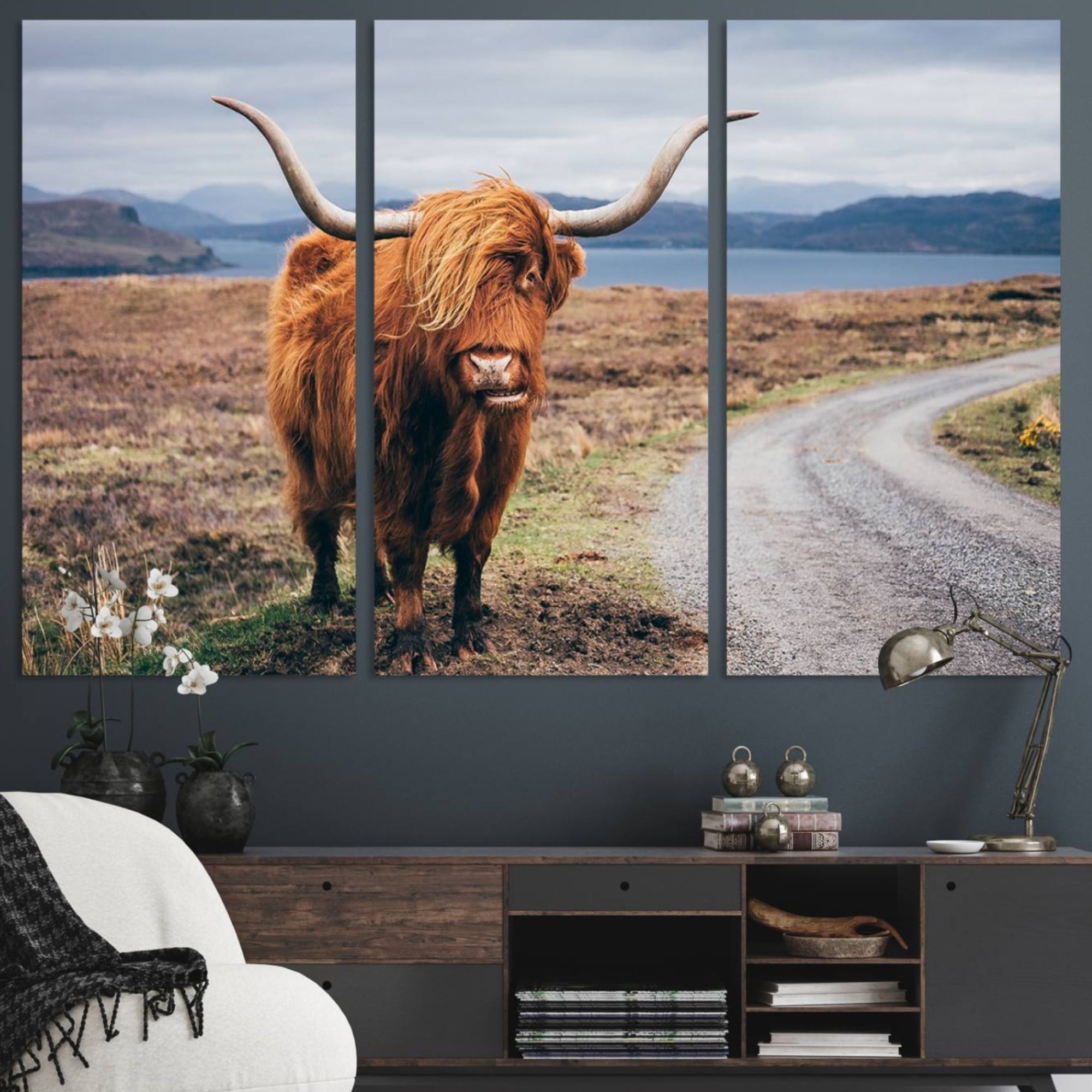 36315-MGV-CV-48X32-3P-Longhorn Highland Cow Canvas Wall Art Print Animal Photograph Art Canvas