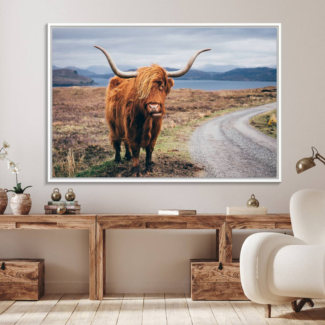 36315-MGV-FC-36X24_White-Longhorn Highland Cow Canvas Wall Art Print Animal Photograph Art Canvas