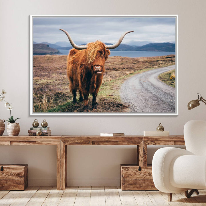 36315-MGV-FC-36X24_White-Longhorn Highland Cow Canvas Wall Art Print Animal Photograph Art Canvas