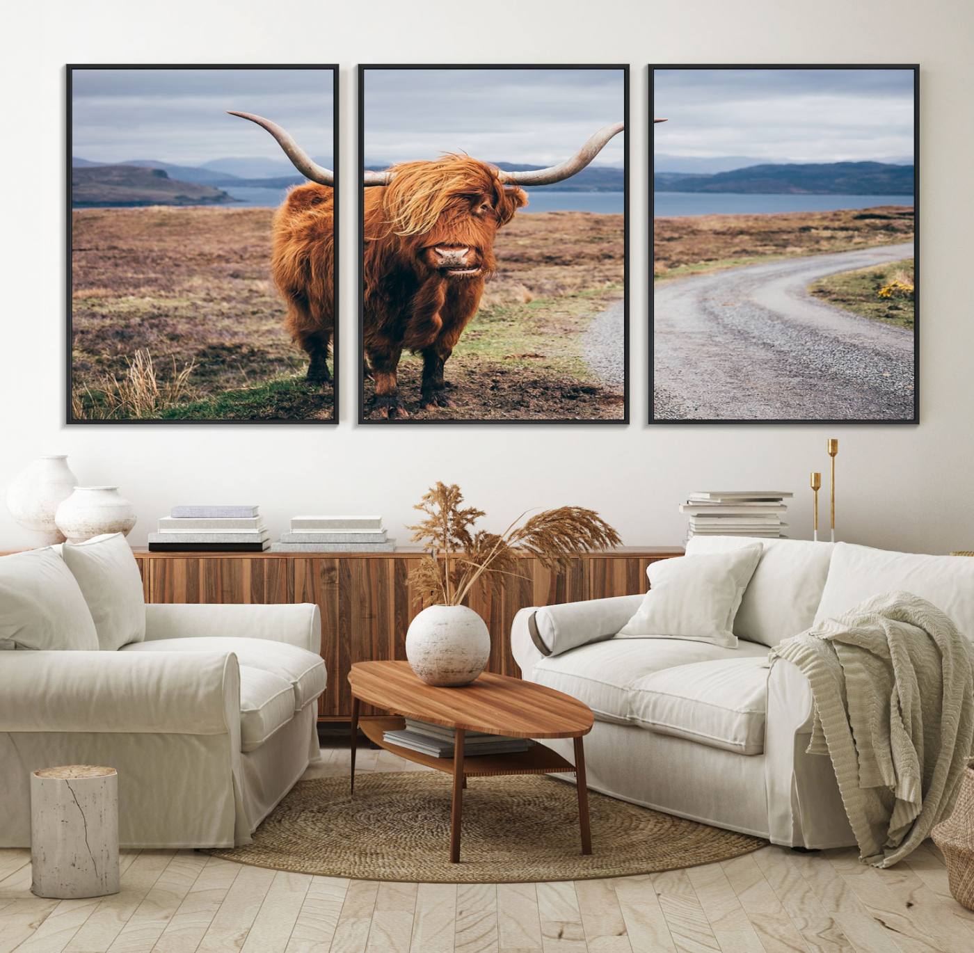 36315-MGV-FC-60X30-3P_Black-Longhorn Highland Cow Canvas Wall Art Print Animal Photograph Art Canvas
