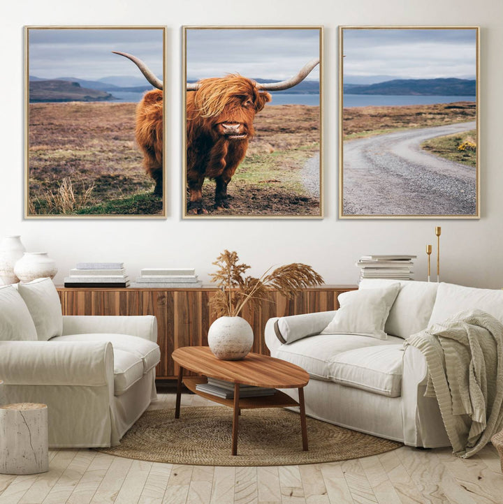 36315-MGV-FC-60X30-3P_Natural-Longhorn Highland Cow Canvas Wall Art Print Animal Photograph Art Canvas