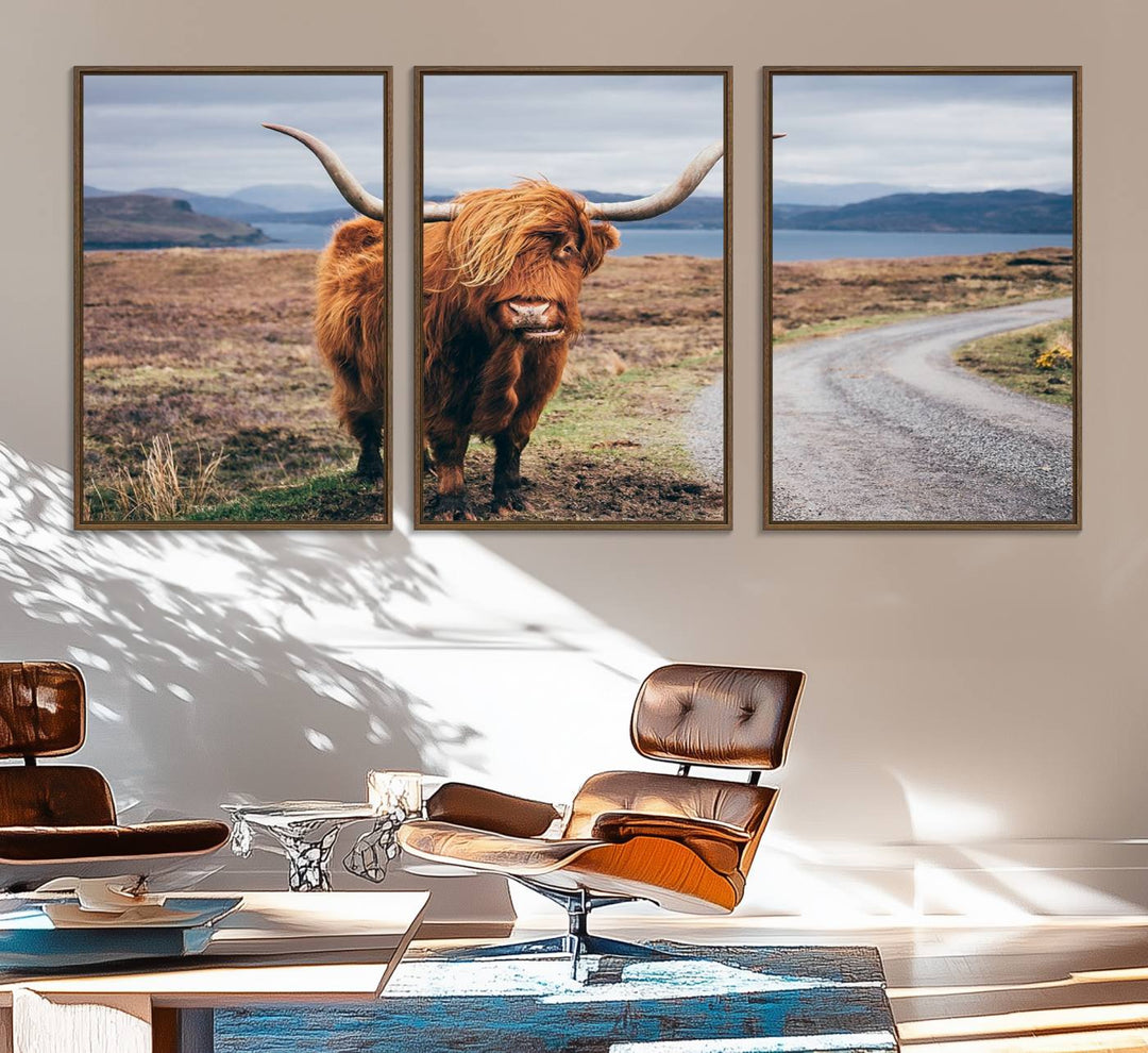 36315-MGV-FC-60X30-3P_Walnut-Longhorn Highland Cow Canvas Wall Art Print Animal Photograph Art Canvas