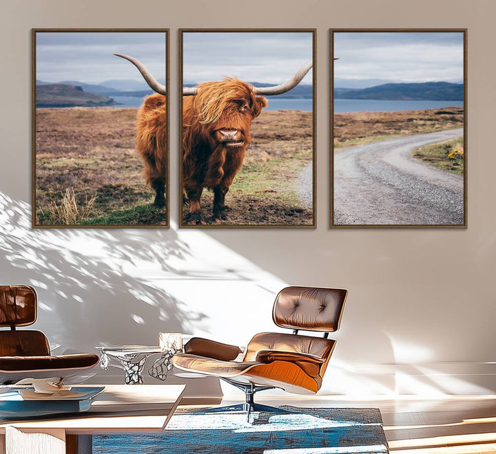 36315-MGV-FC-60X30-3P_Walnut-Longhorn Highland Cow Canvas Wall Art Print Animal Photograph Art Canvas