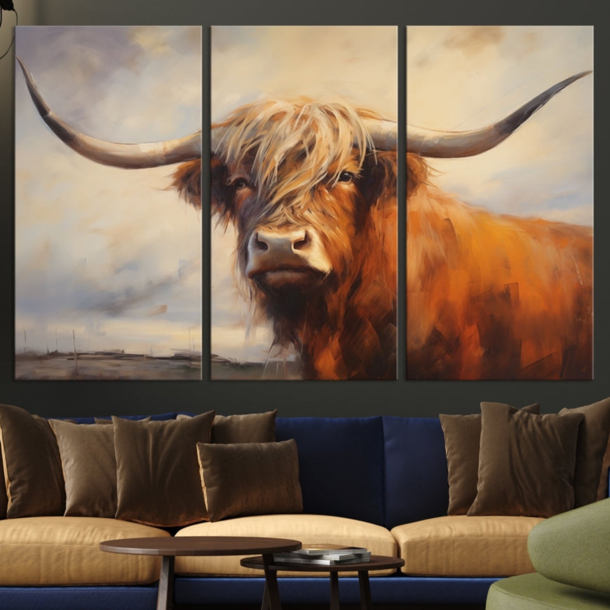Edit-Images-Longhorn Highland Cow Canvas Wall Art Print – Rustic Farmhouse Decor in Bold Artistic Style – Ready