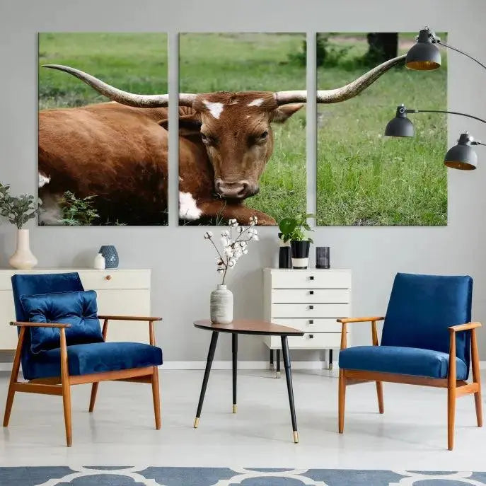 Longhorn Steer Canvas Wall Art – Rustic Nature Triptych Decor for Living Room or Office – Ready to Hang