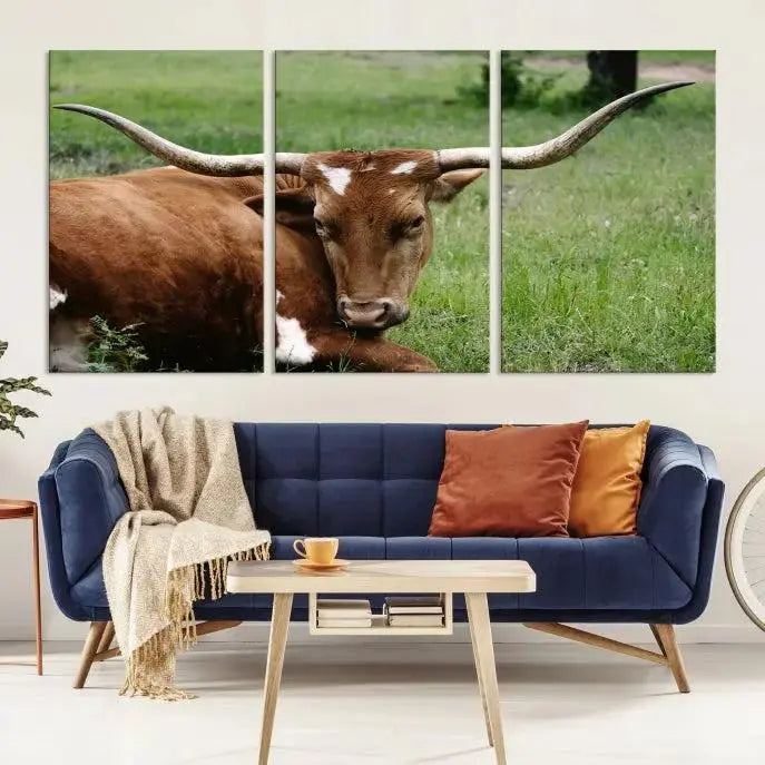 Longhorn Steer Canvas Wall Art – Rustic Nature Triptych Decor for Living Room or Office – Ready to Hang