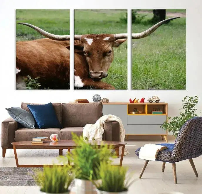Longhorn Steer Canvas Wall Art – Rustic Nature Triptych Decor for Living Room or Office – Ready to Hang