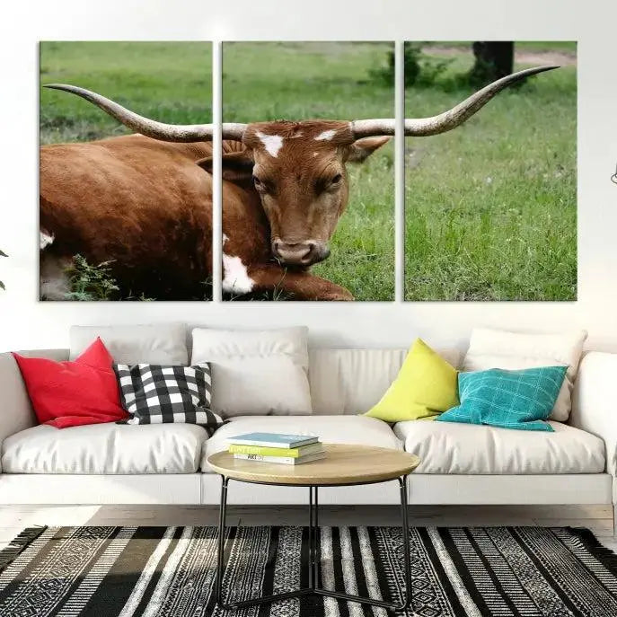 Longhorn Steer Canvas Wall Art – Rustic Nature Triptych Decor for Living Room or Office – Ready to Hang
