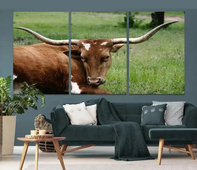 Longhorn Steer Canvas Wall Art – Rustic Nature Triptych Decor for Living Room or Office – Ready to Hang