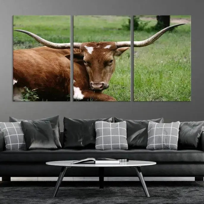 Longhorn Steer Canvas Wall Art – Rustic Nature Triptych Decor for Living Room or Office – Ready to Hang