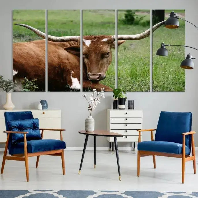Longhorn Steer Canvas Wall Art – Rustic Nature Triptych Decor for Living Room or Office – Ready to Hang