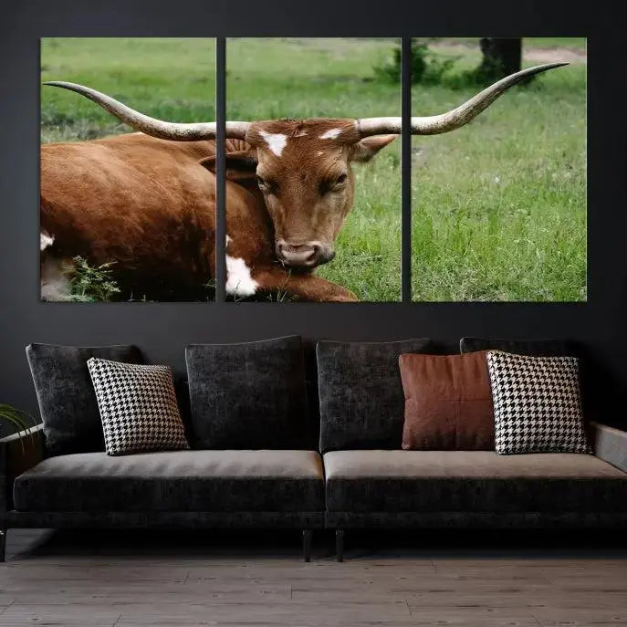 Longhorn Steer Canvas Wall Art – Rustic Nature Triptych Decor for Living Room or Office – Ready to Hang