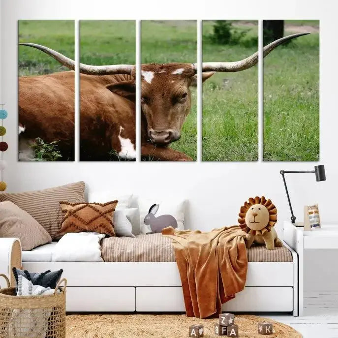 Longhorn Steer Canvas Wall Art – Rustic Nature Triptych Decor for Living Room or Office – Ready to Hang