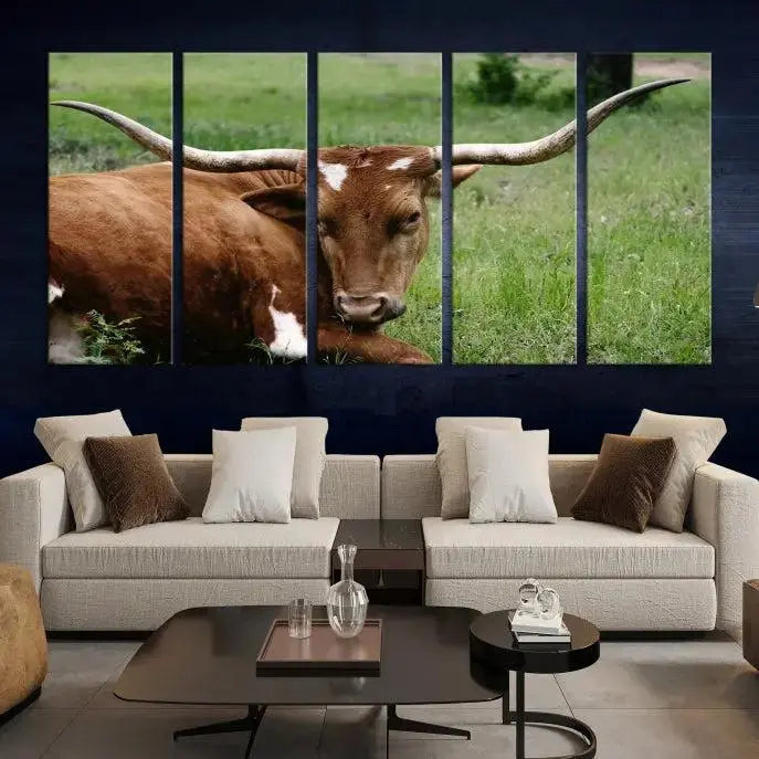 Longhorn Steer Canvas Wall Art – Rustic Nature Triptych Decor for Living Room or Office – Ready to Hang
