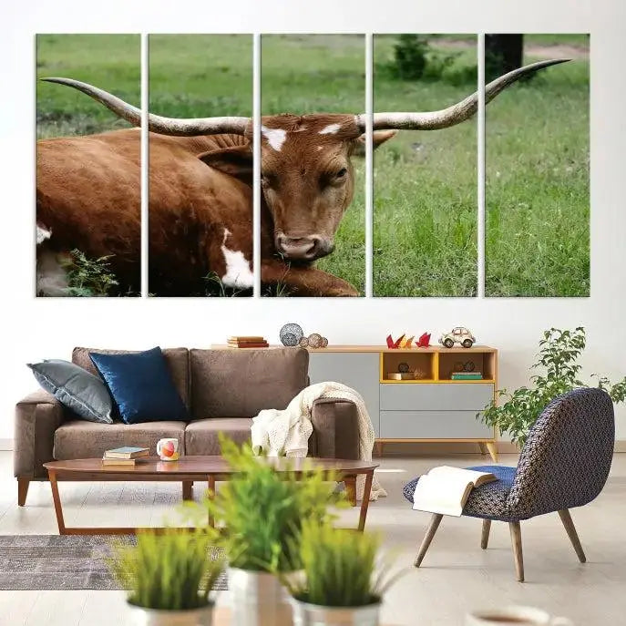 Longhorn Steer Canvas Wall Art – Rustic Nature Triptych Decor for Living Room or Office – Ready to Hang