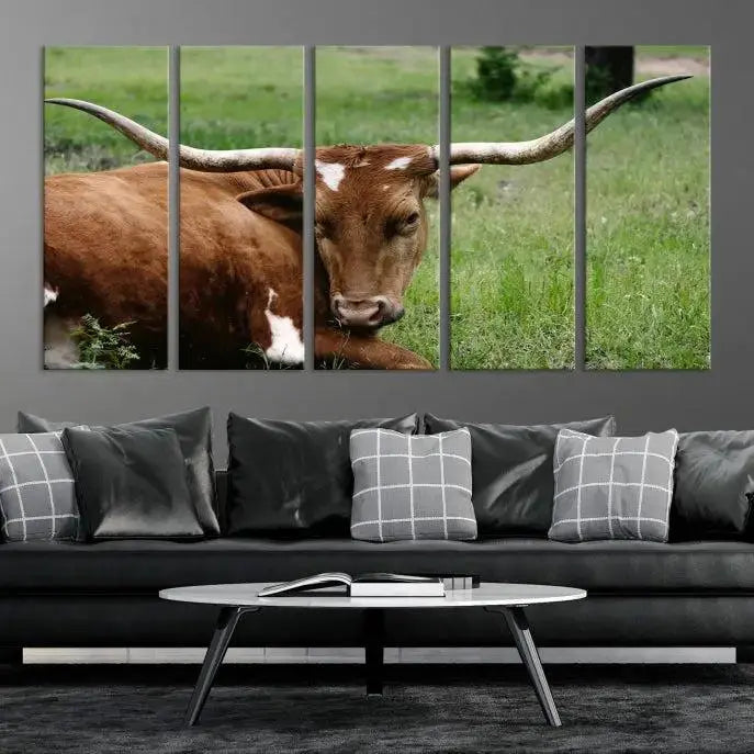 Longhorn Steer Canvas Wall Art – Rustic Nature Triptych Decor for Living Room or Office – Ready to Hang