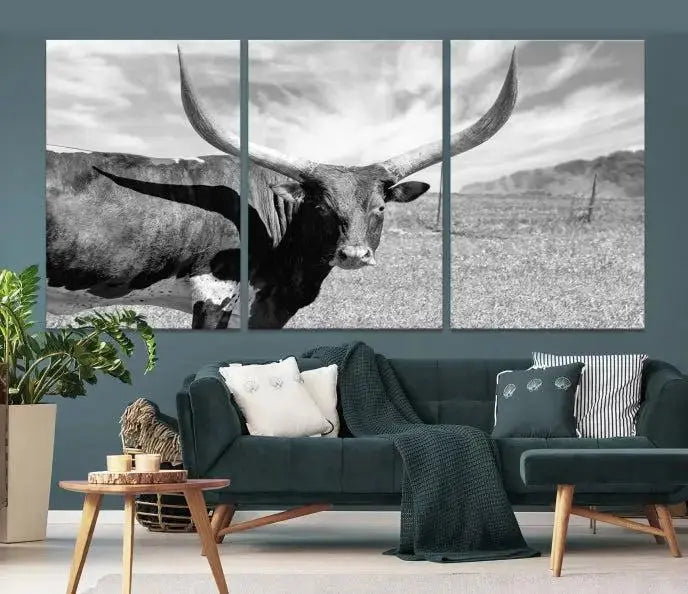 The Longhorn Wall Art Canvas Print, a black and white triptych of a longhorn cow in a grassy field, is elegantly displayed on museum-quality canvases.