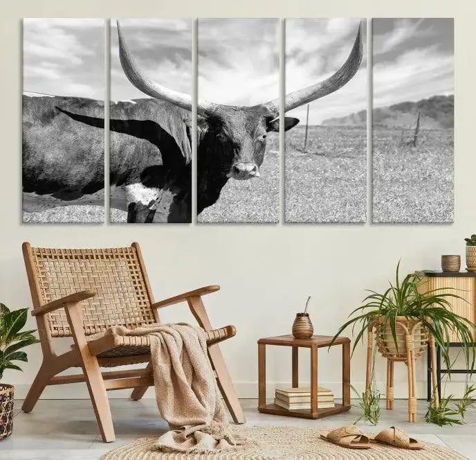 The Longhorn Wall Art Canvas Print, a black and white triptych of a longhorn cow in a grassy field, is elegantly displayed on museum-quality canvases.