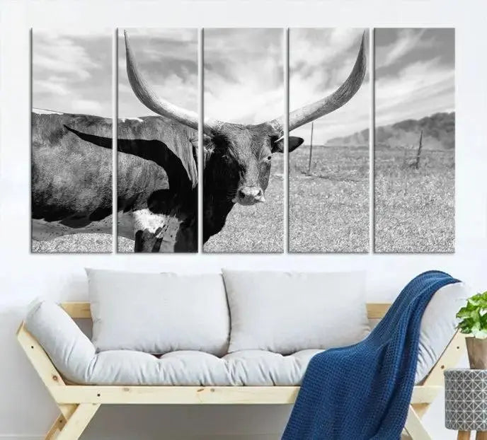 The Longhorn Wall Art Canvas Print, a black and white triptych of a longhorn cow in a grassy field, is elegantly displayed on museum-quality canvases.