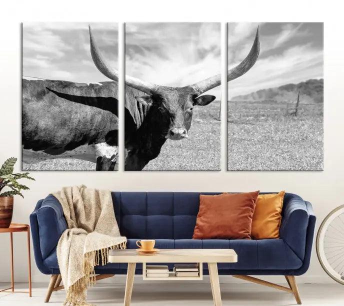 The Longhorn Wall Art Canvas Print, a black and white triptych of a longhorn cow in a grassy field, is elegantly displayed on museum-quality canvases.