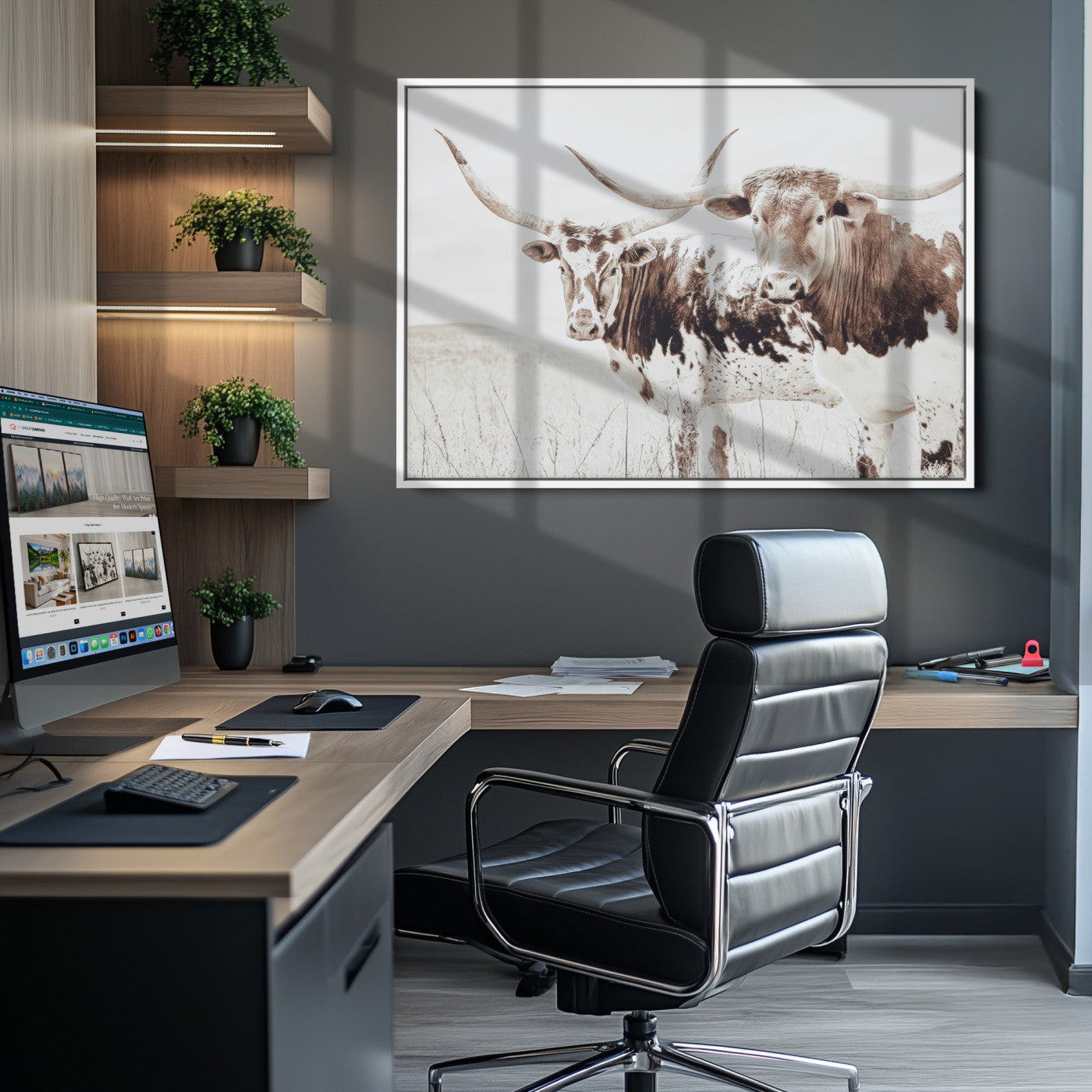 Longhorn Wall Art Canvas Print, Longhorn Wall Art Wall Art Canvas Print, Western Cow Canvas Print, Framed Rustic Farm Decor Art Print,