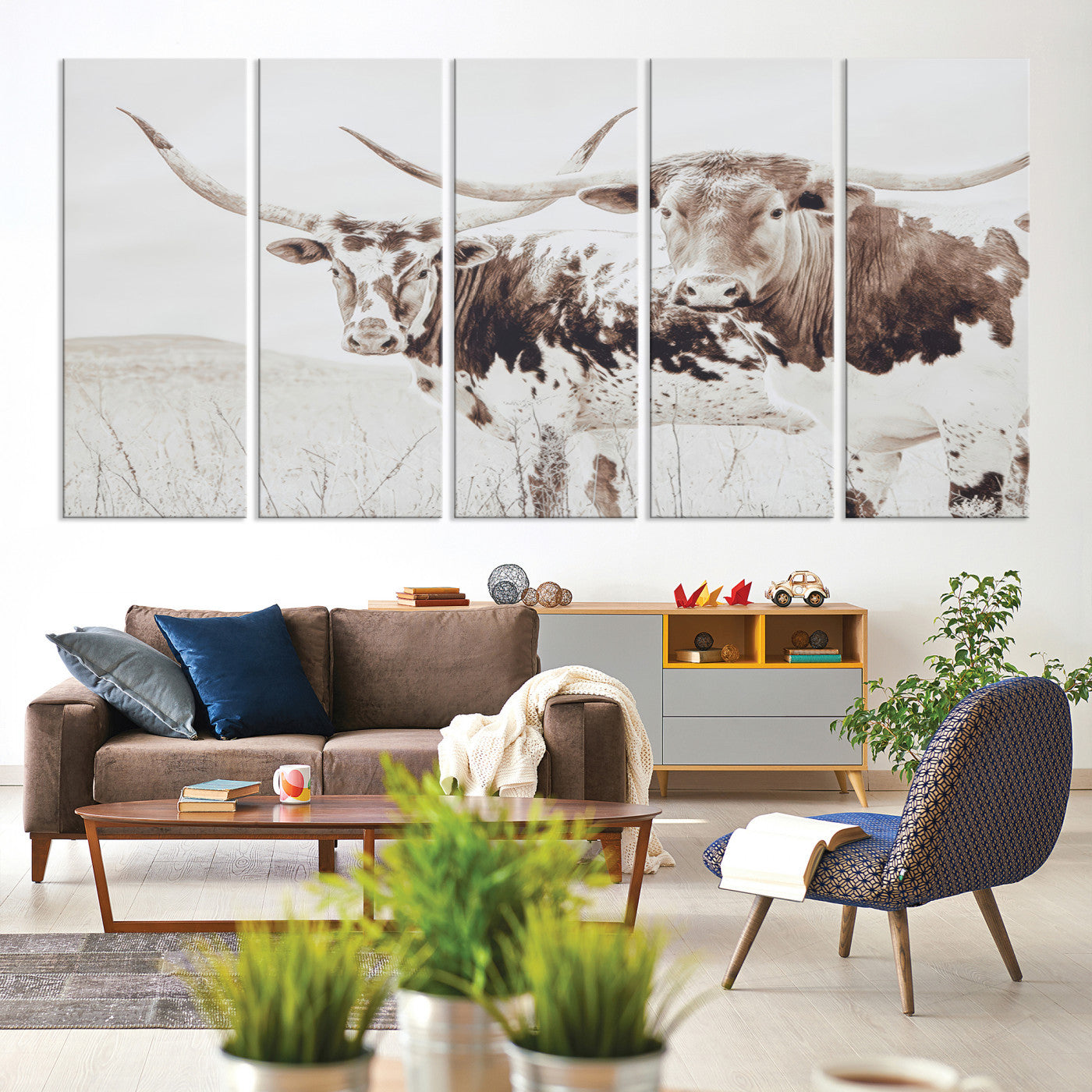 44871787-MGV-CV-60X31-5P-Longhorn Wall Art Canvas Print, Longhorn Wall Art Wall Art Canvas Print, Western Cow Canvas Print, Framed Rustic Farm Decor Art Print,