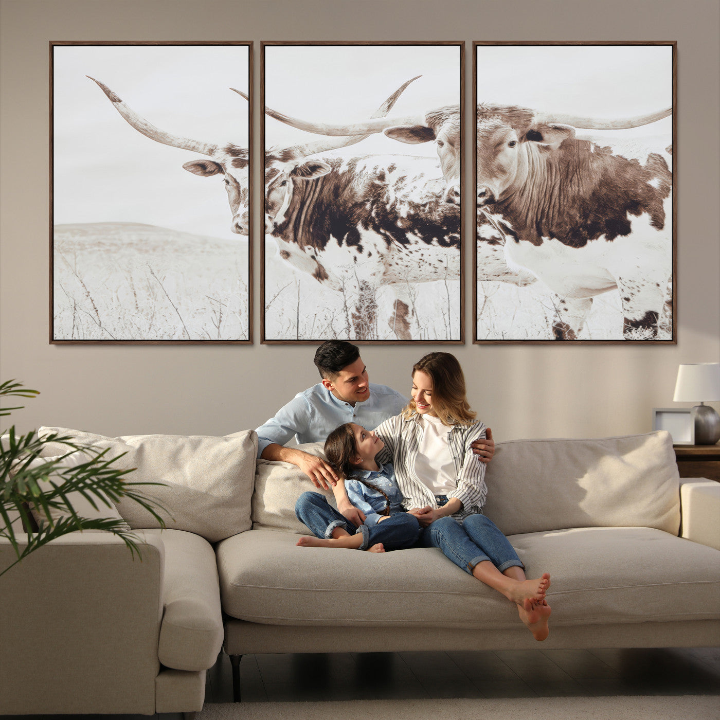 44871787-MGV-FC-60X30-3P_Walnut-Longhorn Wall Art Canvas Print, Longhorn Wall Art Wall Art Canvas Print, Western Cow Canvas Print, Framed Rustic Farm Decor Art Print,
