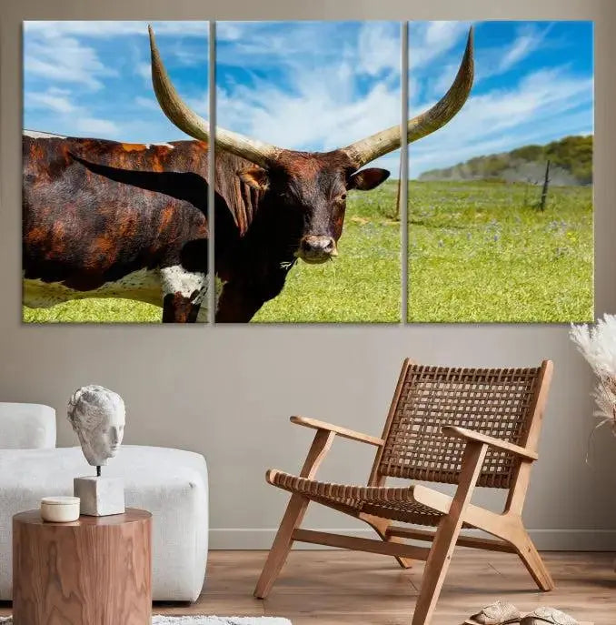 The Longhorn and Cow Wall Art Canvas Print features a triptych of a longhorn cow in a grassy field on a sunny day. These gallery-wrapped, museum-quality canvases are crafted by professional craftsmen to perfectly accentuate the scene, adding an exquisite touch to any living space.