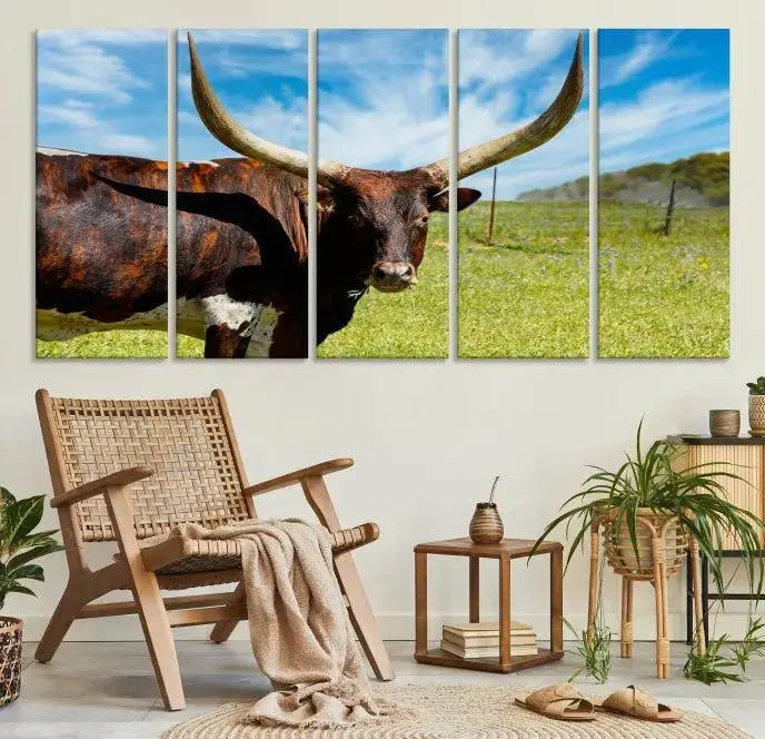 The Longhorn and Cow Wall Art Canvas Print features a triptych of a longhorn cow in a grassy field on a sunny day. These gallery-wrapped, museum-quality canvases are crafted by professional craftsmen to perfectly accentuate the scene, adding an exquisite touch to any living space.