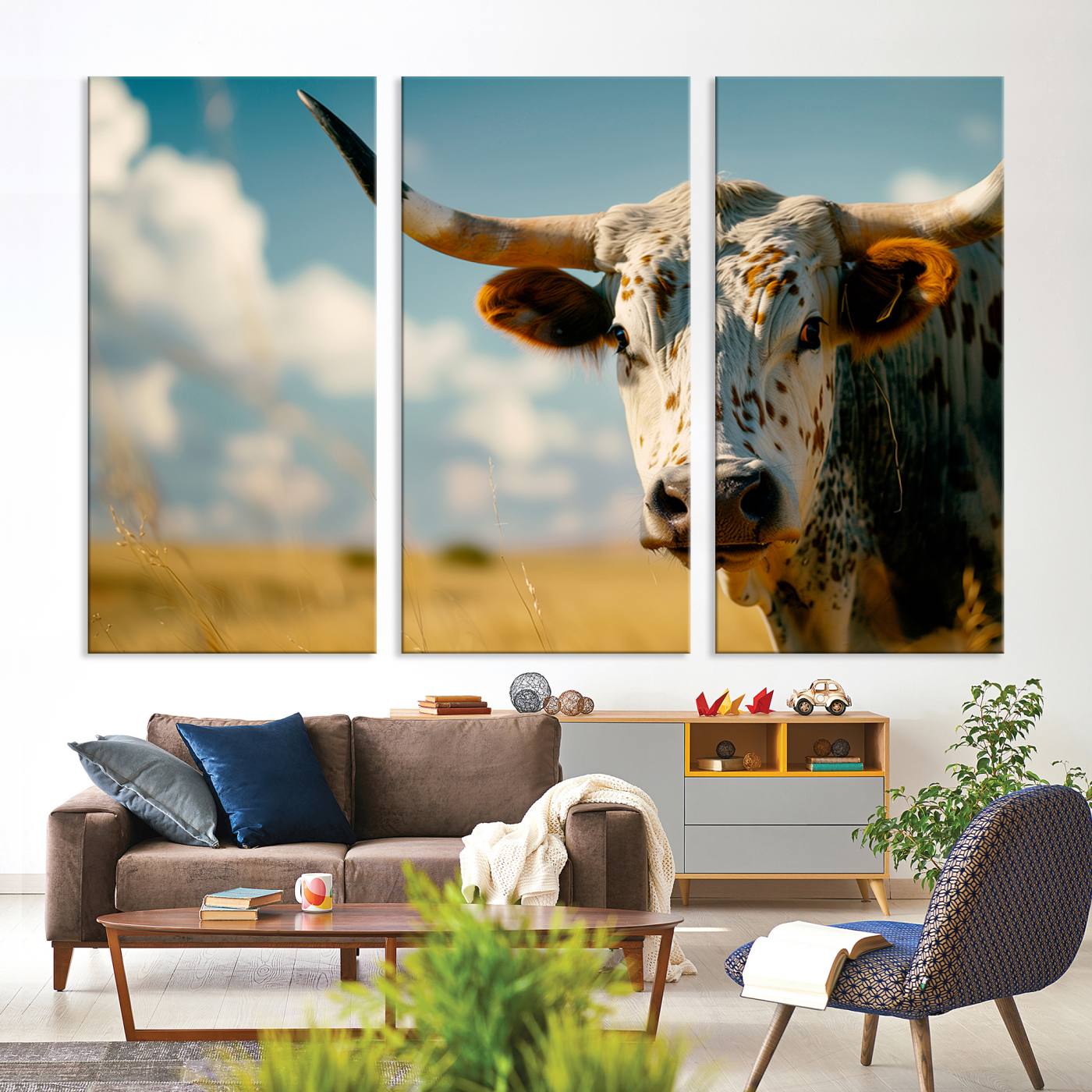 71621-MGV-CV-36X24-Longhorn in the Prairie - Stunning Ranch-Style Triptych Wall Art for Western Home Decor, Cowboy Wall Art, Ready to Hang
