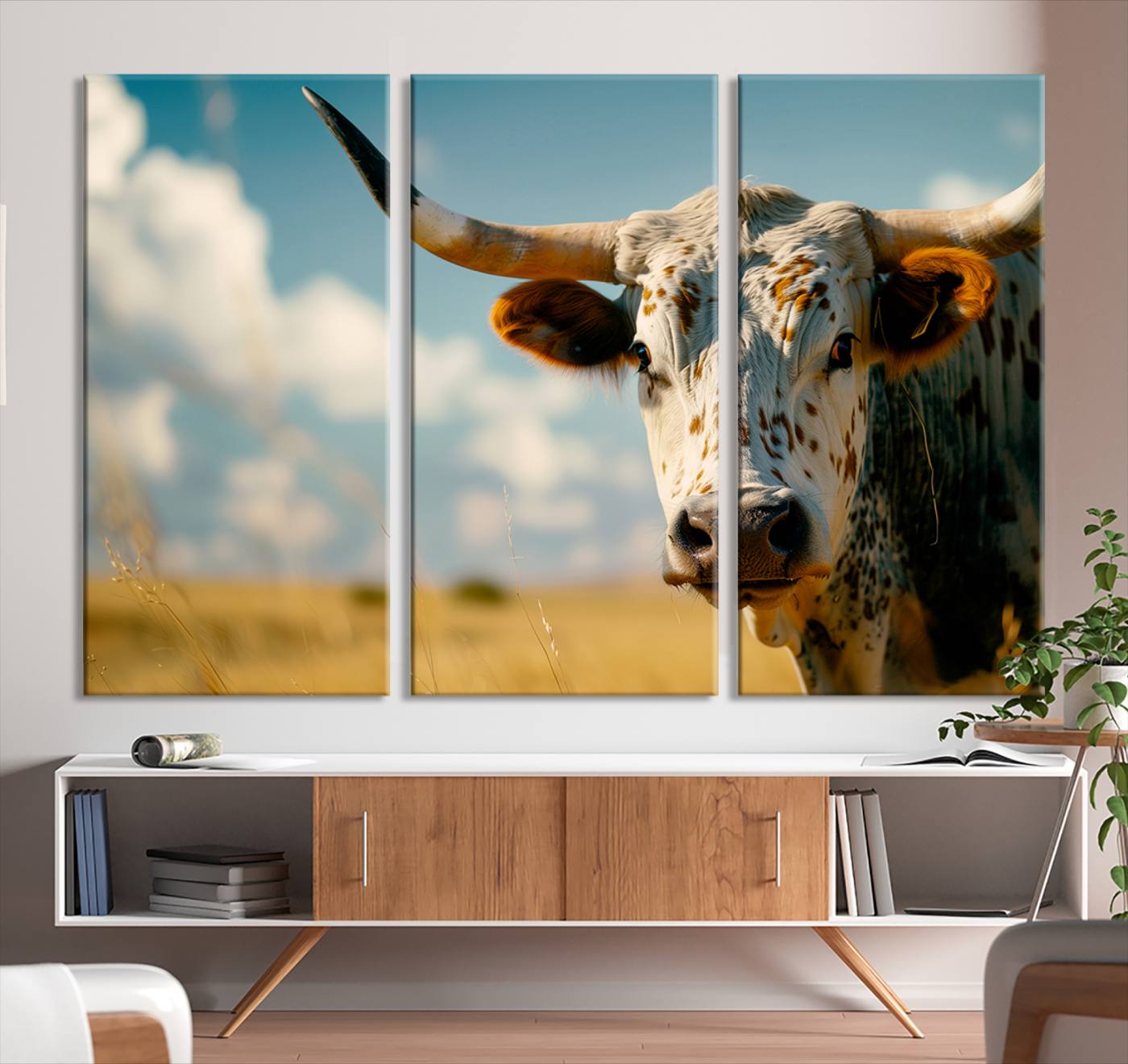 71621-MGV-CV-36X24-Longhorn in the Prairie - Stunning Ranch-Style Triptych Wall Art for Western Home Decor, Cowboy Wall Art, Ready to Hang