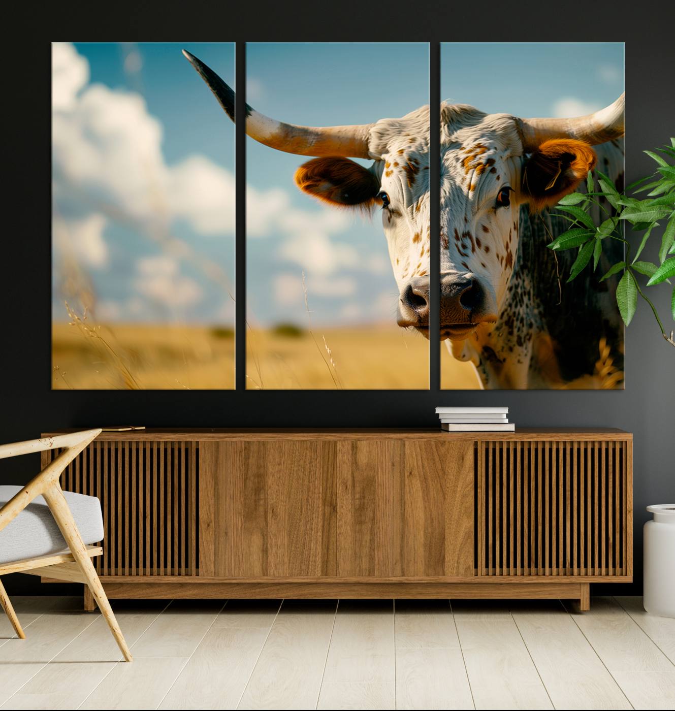 71621-MGV-CV-36X24-Longhorn in the Prairie - Stunning Ranch-Style Triptych Wall Art for Western Home Decor, Cowboy Wall Art, Ready to Hang